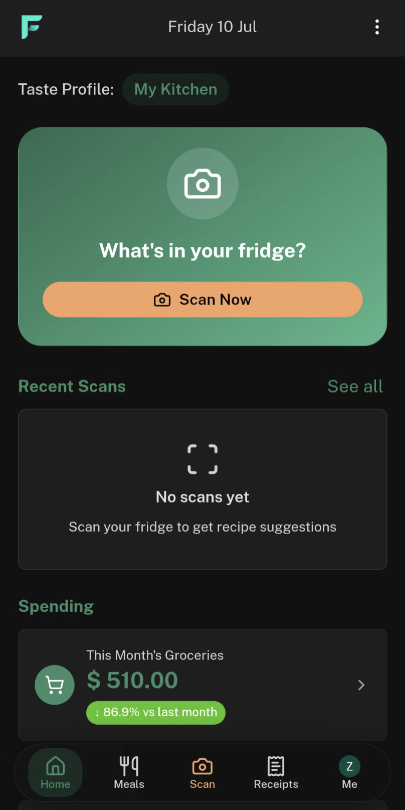 FridgeFirst home screen with a Scan Now button, recent scans, and monthly grocery spending