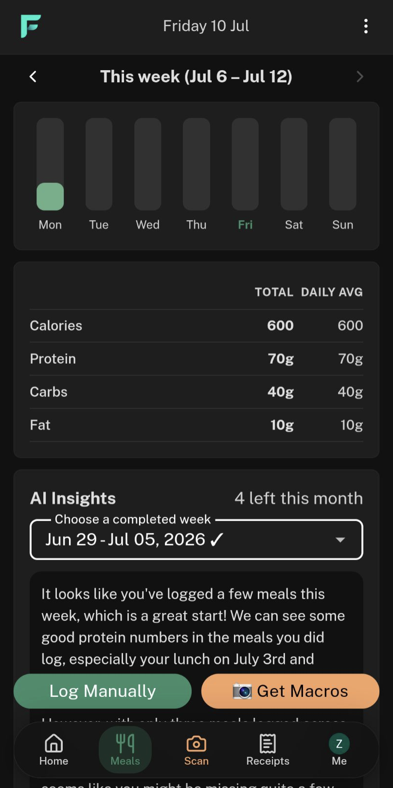 FridgeFirst weekly meal tracking screen showing calories, macros, and AI insights