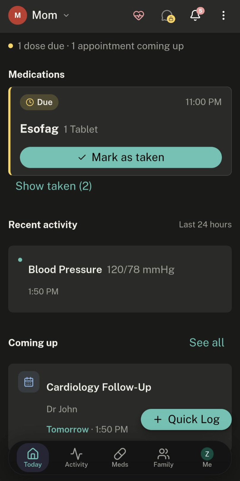MedleyCare Today screen showing a due medication, recent blood pressure reading, and an upcoming appointment