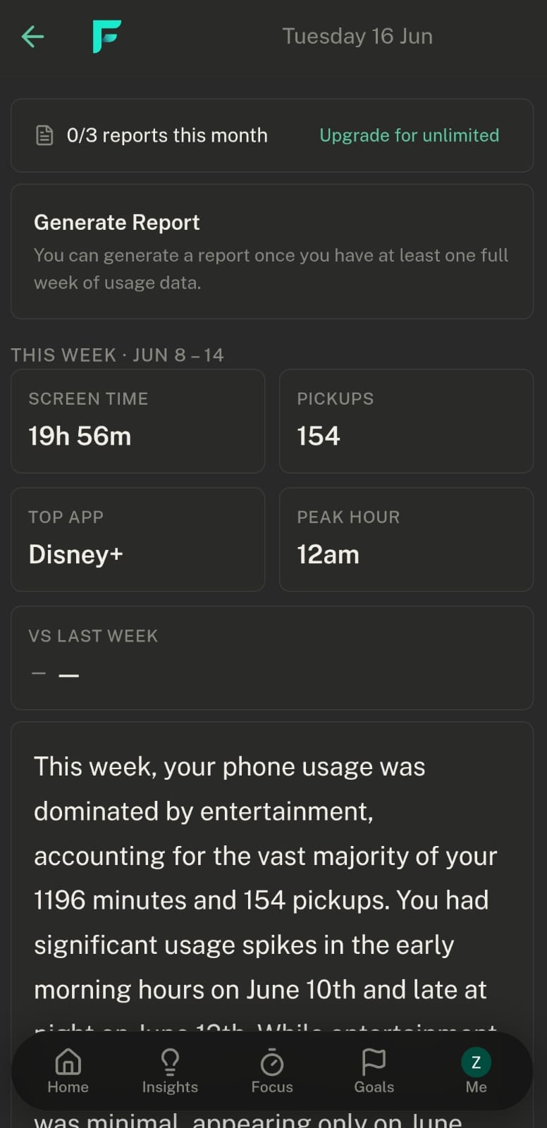 ZenWist weekly report screen with screen time, pickups, and an AI-written summary of usage patterns
